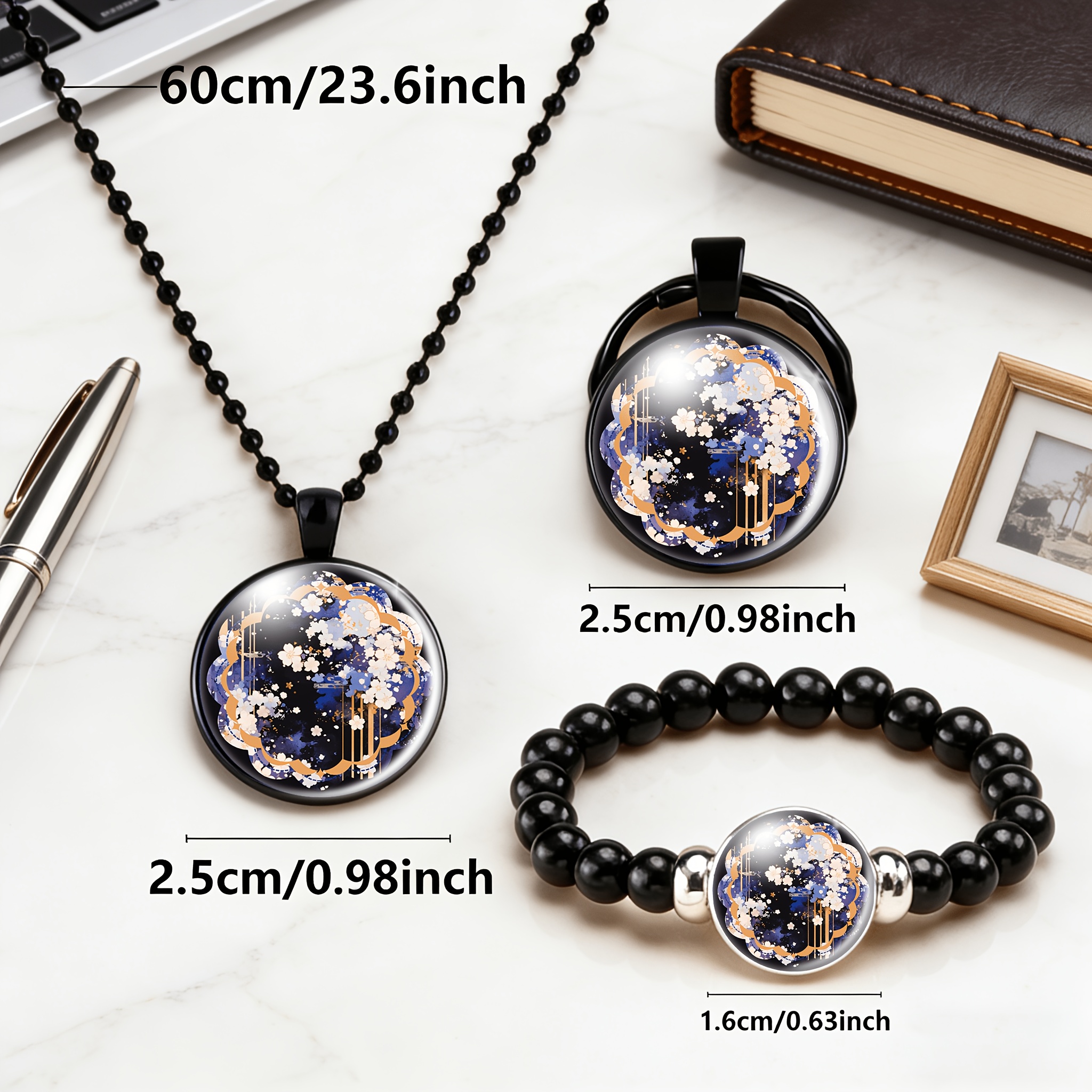 3pc Tropical Floral Jewelry Set, Necklace, Bracelet & Keychain